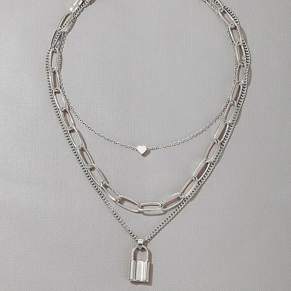 Layered Silver Lock Chain Necklace - Picture 3 of 4
